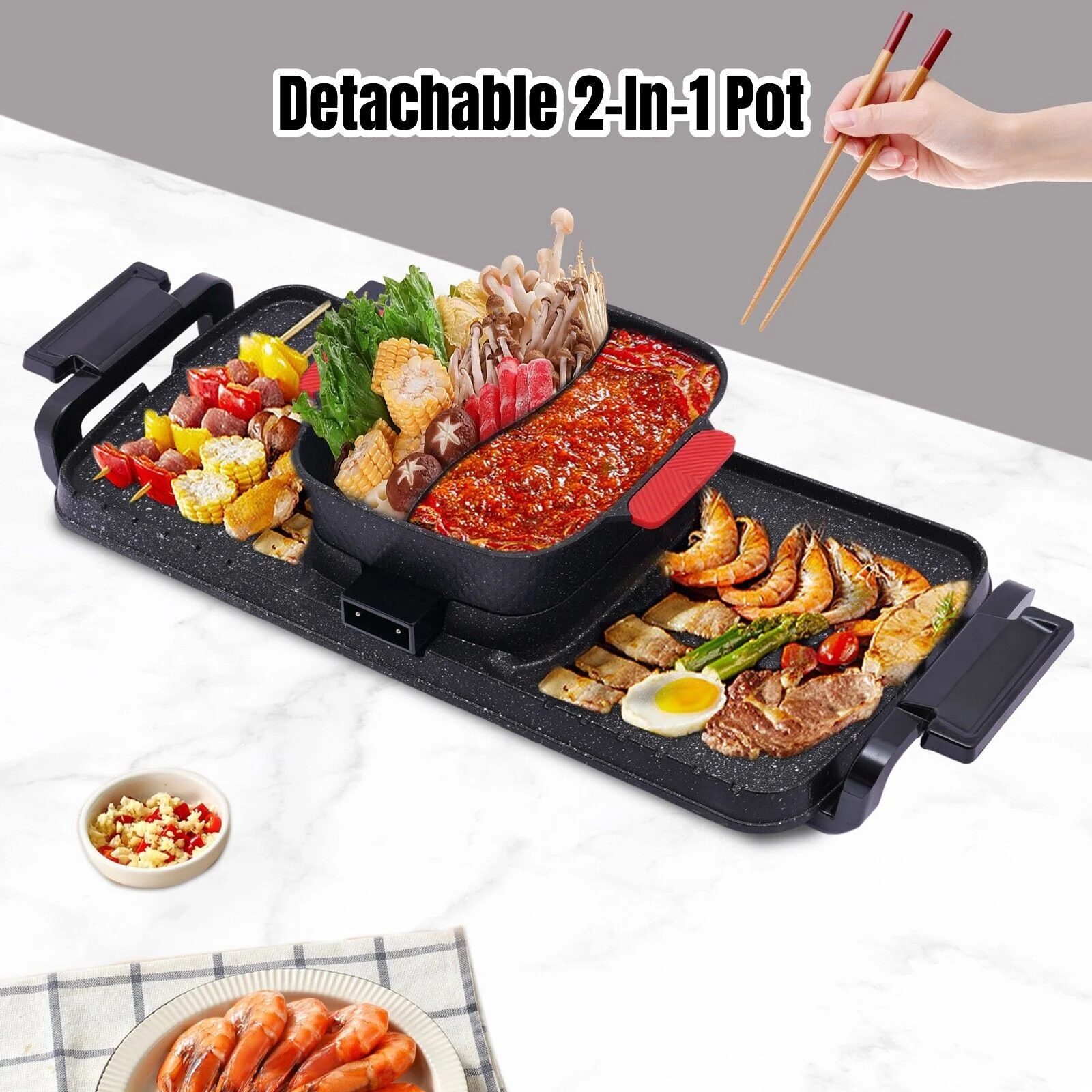 Miumaeov 2 In 1 Grill and Hot Pot Combo Countertop Hot Pot with Grill Cooker with Dual Temperature Control 5 Gear Temperature Adjustable