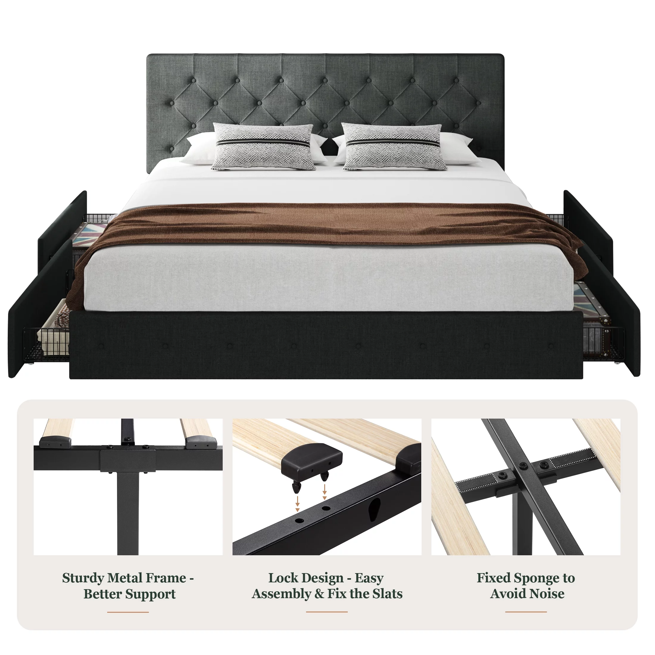 Amolife King Size Platform Bed Frame with Headboard and 4 Drawers, Dark Grey - Radiant Selections