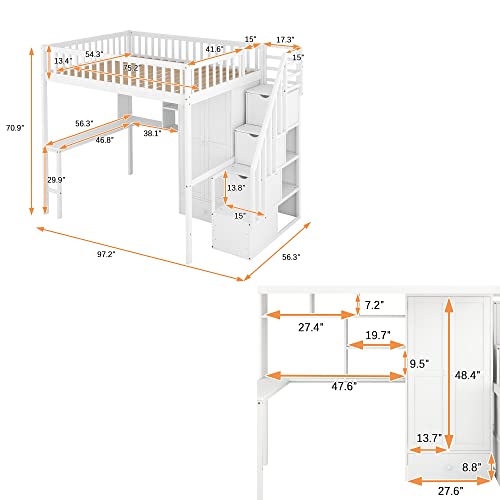 Twin Loft Bed with Staircase, Desk and Wardrobe, Wood Loft Bed with Storage Shelves and Safety Guardrail