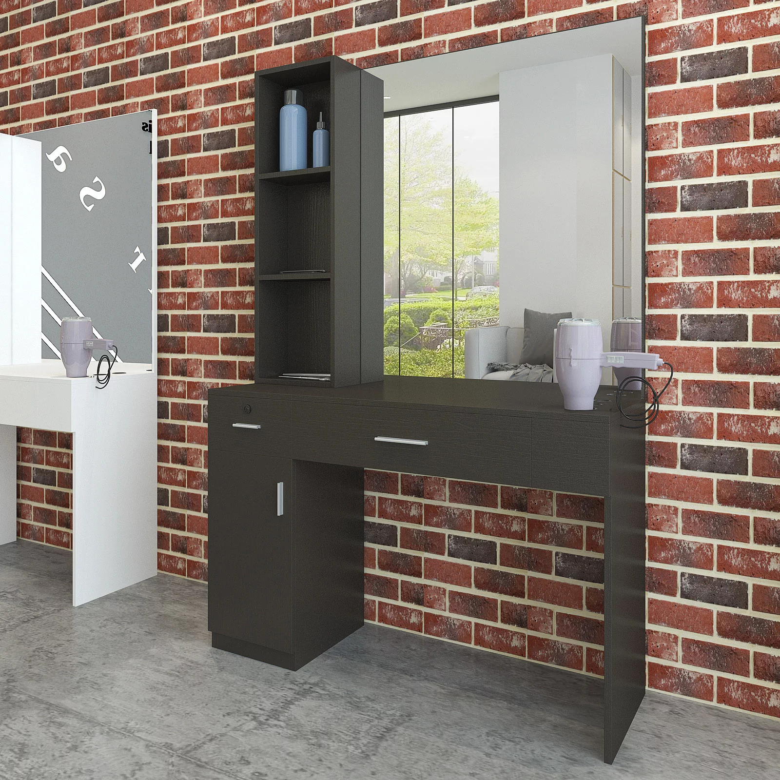 Artist Hand Wall Mount Salon Barber Station Styling Beauty Spa with Mirror, Left Shelf (Black)