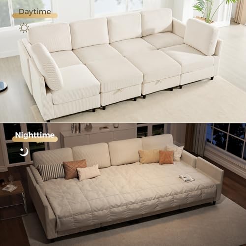 KKL Modular Sectional Sofa Bed with Storage Ottoman, Convertible L/U-Shaped Sleeper Couch for Living Room, Modern Reversible Design, Beige