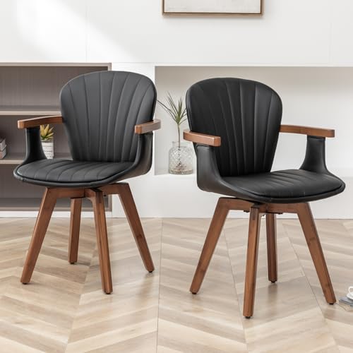 LUNLING Swivel Dining Chairs Set of 2, Mid Century Modern Gray Fabric+Faux Leather Kitchen Chairs with Arms,Bamboo Legs Side Chairs No Wheels