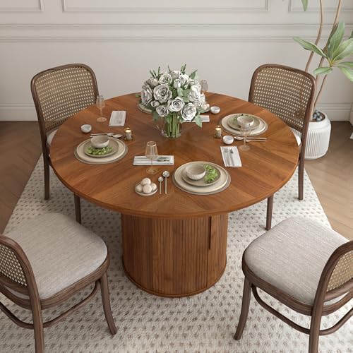 47 inch Round Dining Table for 4, Kitchen Table Dinner Table with 2-Layer Storage Shelf and Wood Slide Door for Home Dining Room Living Room (Walnut)