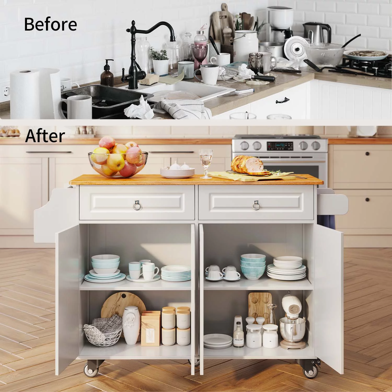 Lofka 52" Kitchen Island with Storage, Kitchen Cart with Drop Leaf, White