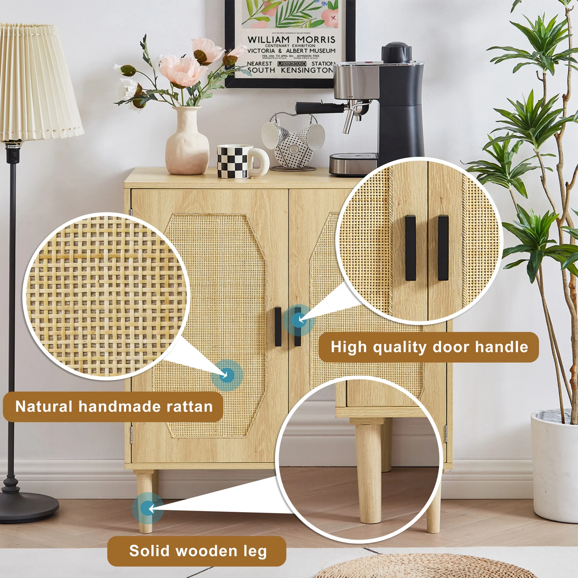 Modern Style Kitchen Storage Cabinet with Rattan Decorative Doors, Buffet, Natural, 31.5''W x 15.8''D x 34.6H.