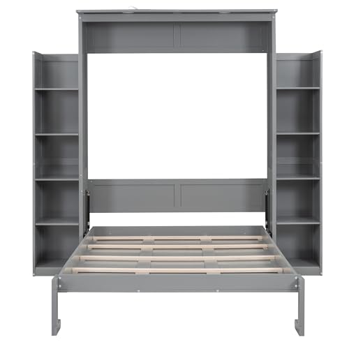 Merax Full Size Murphy Bed, Wooden Full Wall Bed with Shelves and LED Lights, Gray