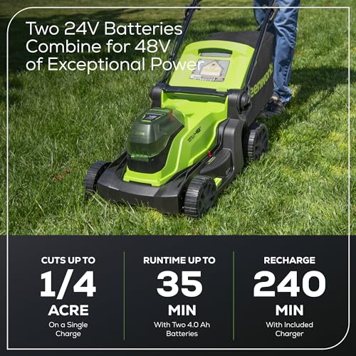 Greenworks 48V (2 x 24V) 17" Brushless Cordless (Push) Lawn Mower, (2) 4.0Ah Batteries and Dual Port Rapid Charger Included