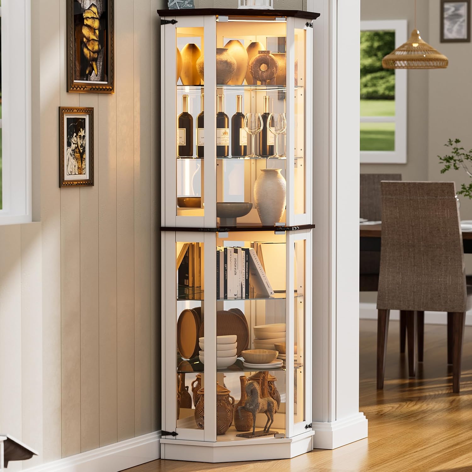 PAKASEPT 71'' Farmhouse Display Curio Cabinet with LED Lights,Tempered Glass Doors,6 Shelves