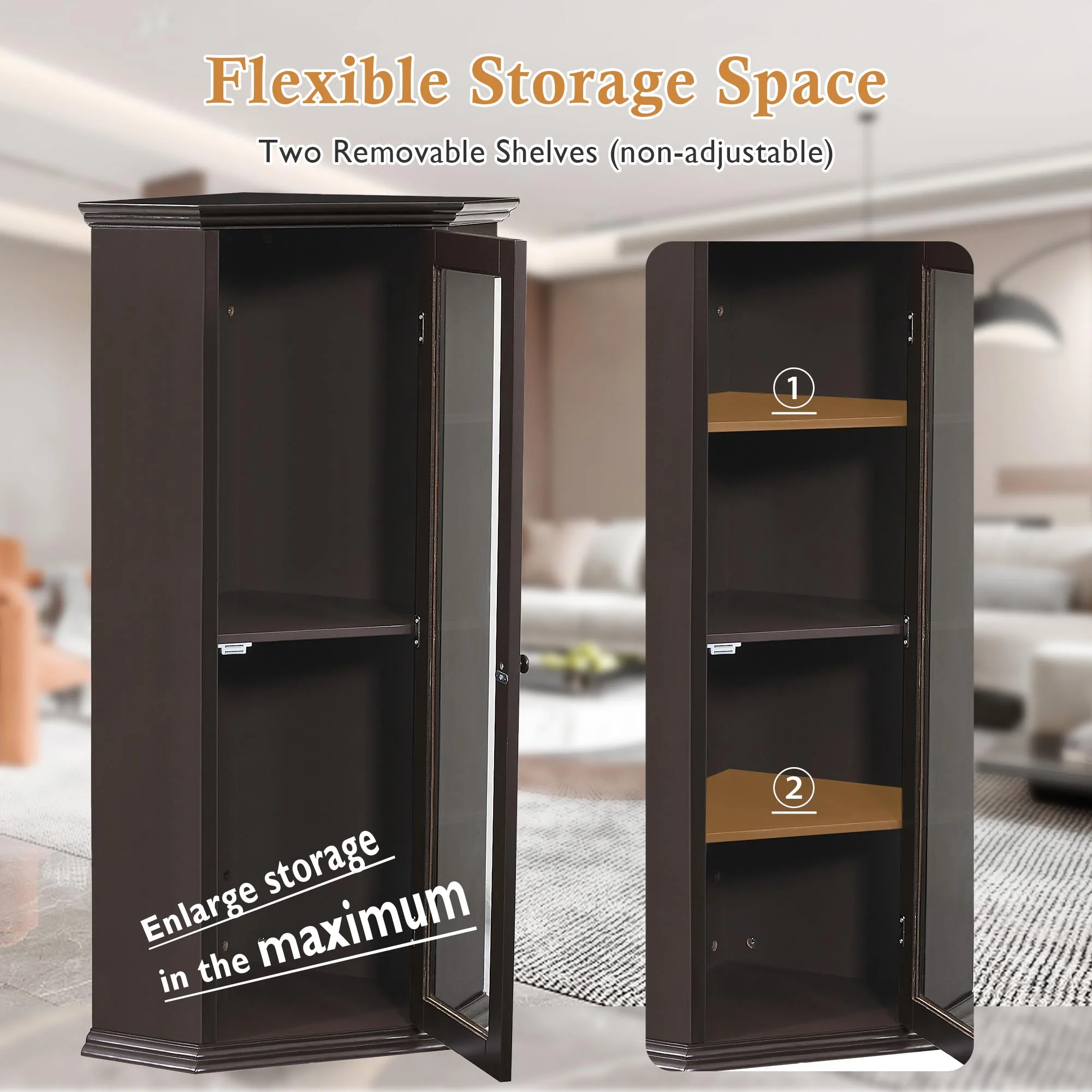 Freestanding Bathroom Cabinet with Glass Door, Corner Storage Cabinet for Bathroom, Living Room and Kitchen, MDF Board with Painted Finish