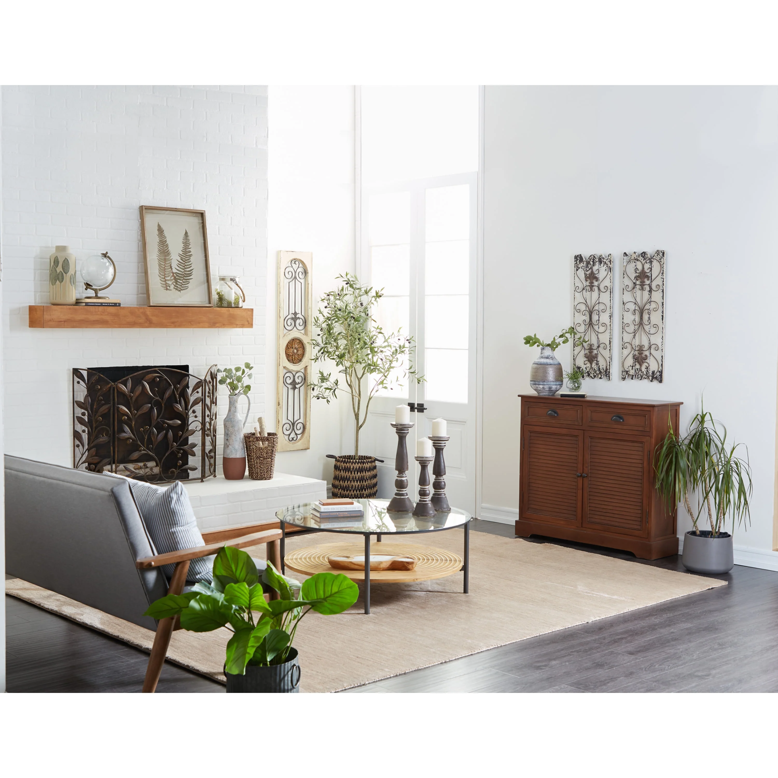 DecMode White Wood Distressed Door Inspired Ornamental Scroll Wall Decor with Metal Wire Details