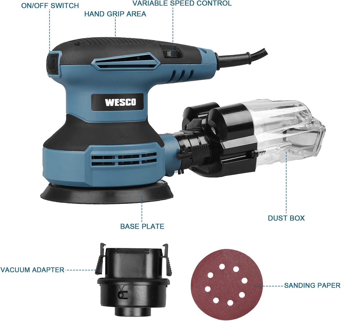 Random Orbital Sander, WESCO 3.0A Power Orbital Sander 5-Inch with 12Pcs Sanding Discs, Vancuum Adapter, Cyclone Box
