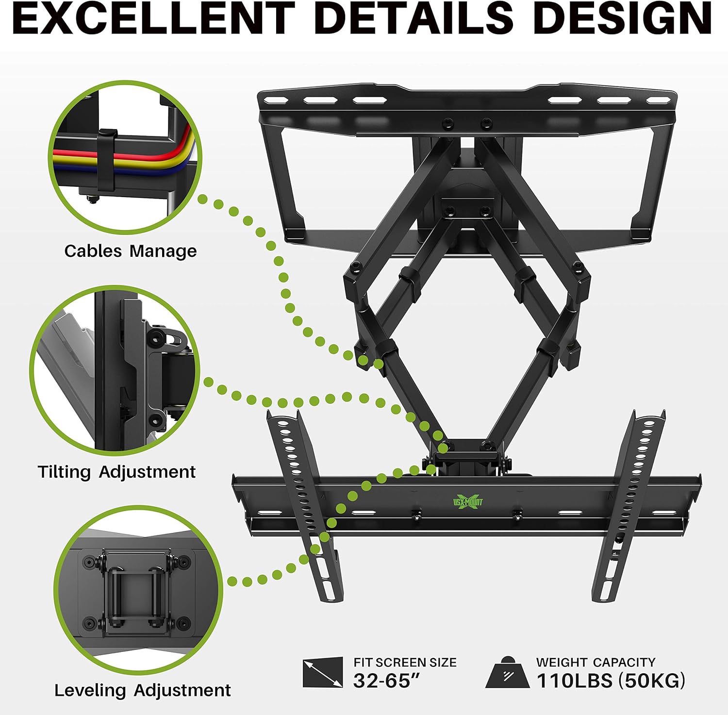 USX MOUNT Full Motion TV Wall Mount with Height Setting for Most 32-65 inch Flat Screen/LED/4K TVs, Swivel/Tilt TV Mount Bracket Max VESA 400x400mm