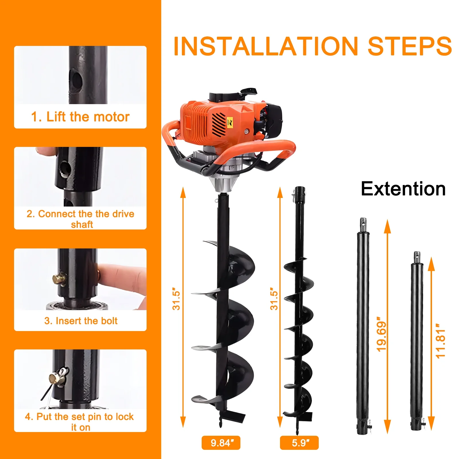 JSTUOKE 62cc 2100W Post Hole Digger 2 Stroke Petrol Gas Powered Earth Digger with 2 Auger Drill Bits ( 6" 10") + 2 Extension Rods for Farm Garden