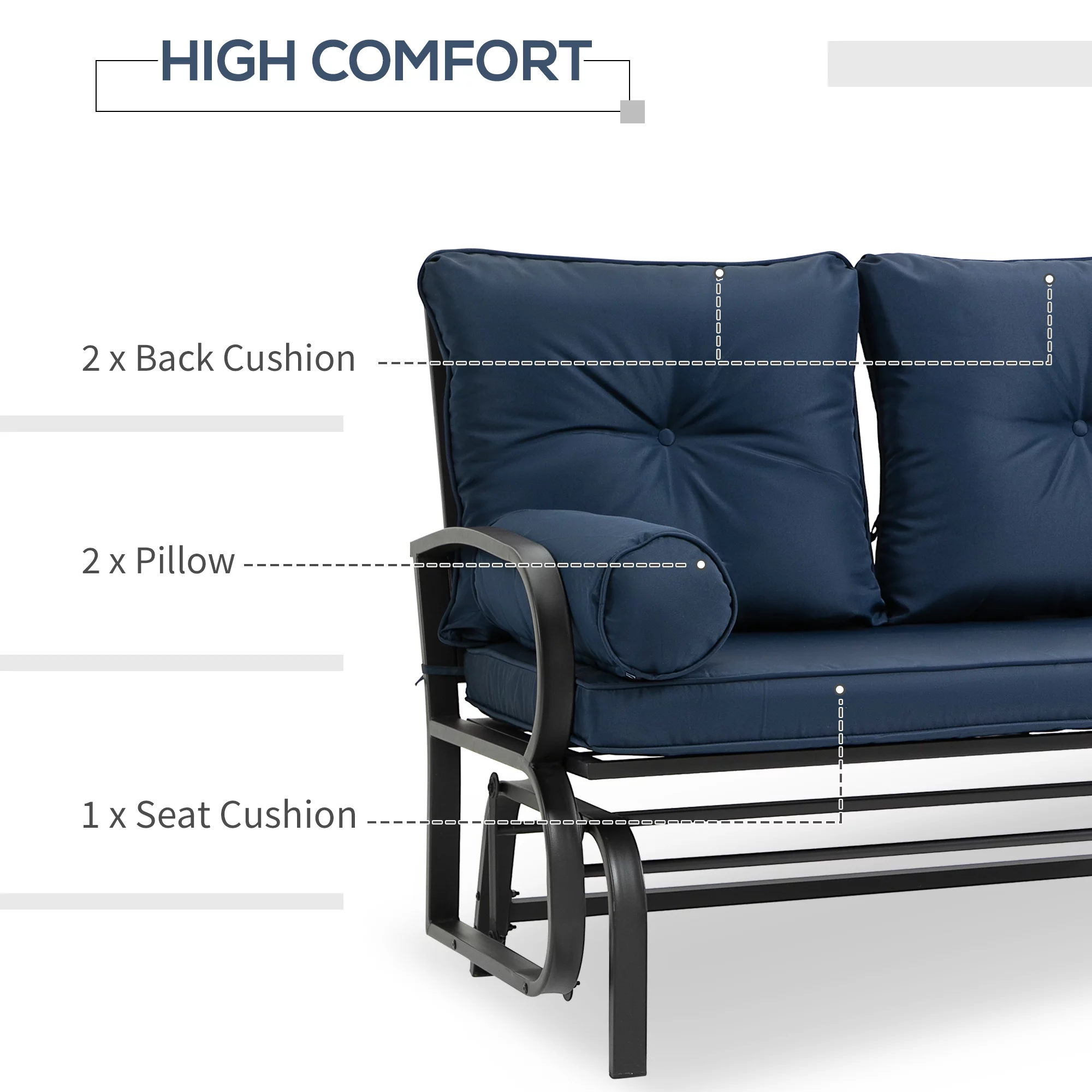 Outsunny Swing Glider Rocking Chair, Double Patio Bench, 2 Person Loveseat with Steel Frame, Cushions, Pillow Armrests, Blue