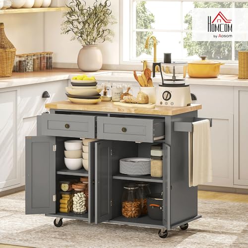 HOMCOM Kitchen Island on Wheels, Rolling Cart with Rubberwood Top, Spice Rack, Towel Rack and Drawers for Dining Room, Navy Blue