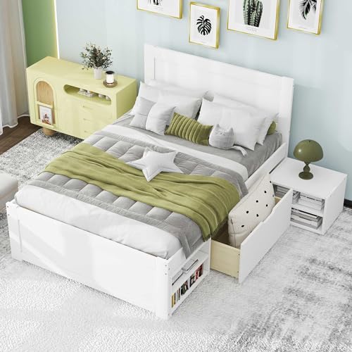 SOFTSEA Full Size Platform Bed with Storage, Platform Bed with Drawers and Bed End Case, Wood Platform Bed Frame with Storage Bookcase Headboard