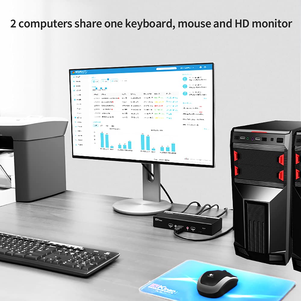 2 Port DVI KVM Switch with Cables,USB2.0 DVI KVM Switches for 2 Computers Share 1 Keyboard,Mouse,Monitor,Printer,USB Powered,1920 x 1200@60Hz