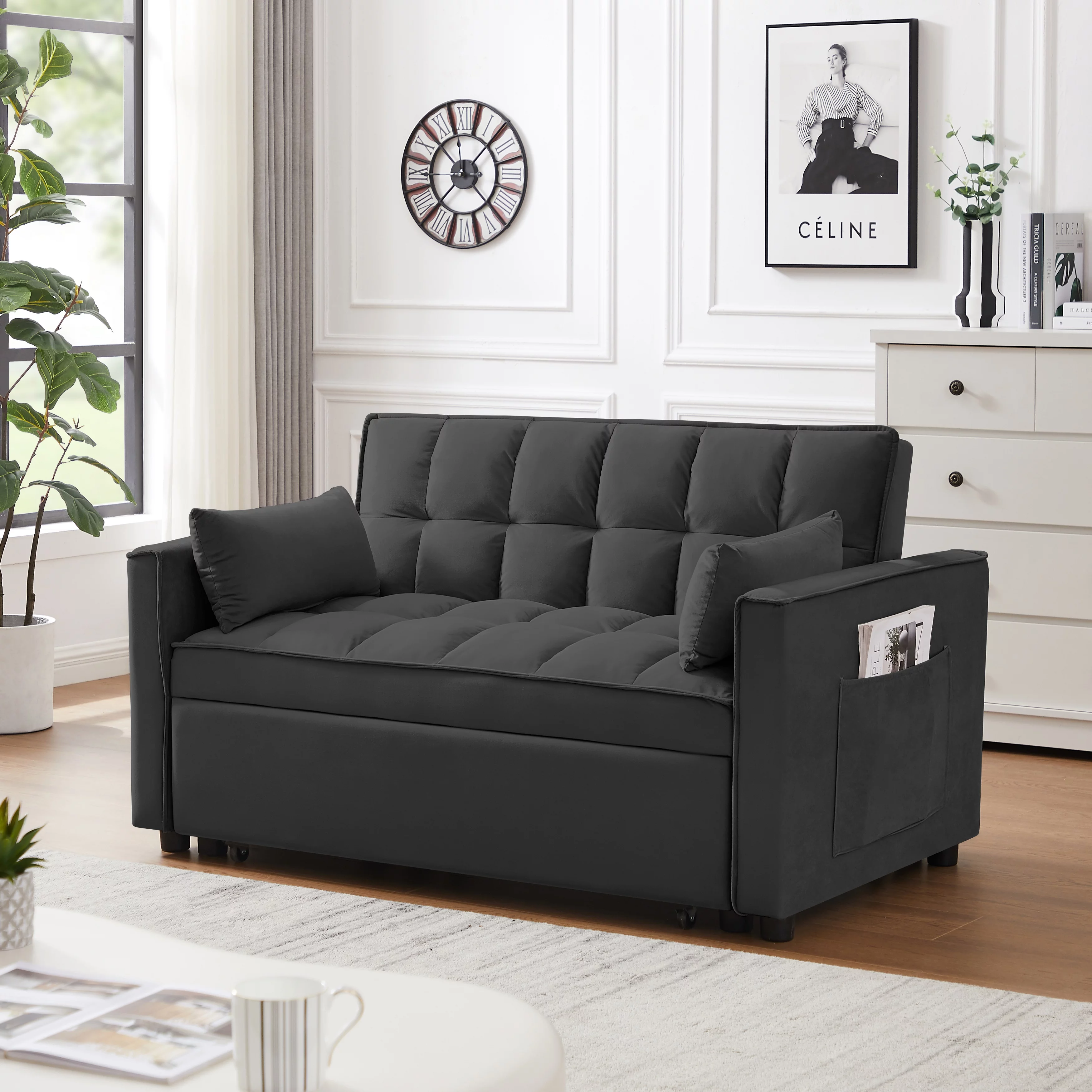 Hombay Modern Velvet Pull Out Convertible Sofa Bed, Upholstered Folding Sleeper Couch Loveseat with Reclining Backrest Pillows for Living Room Bedroom