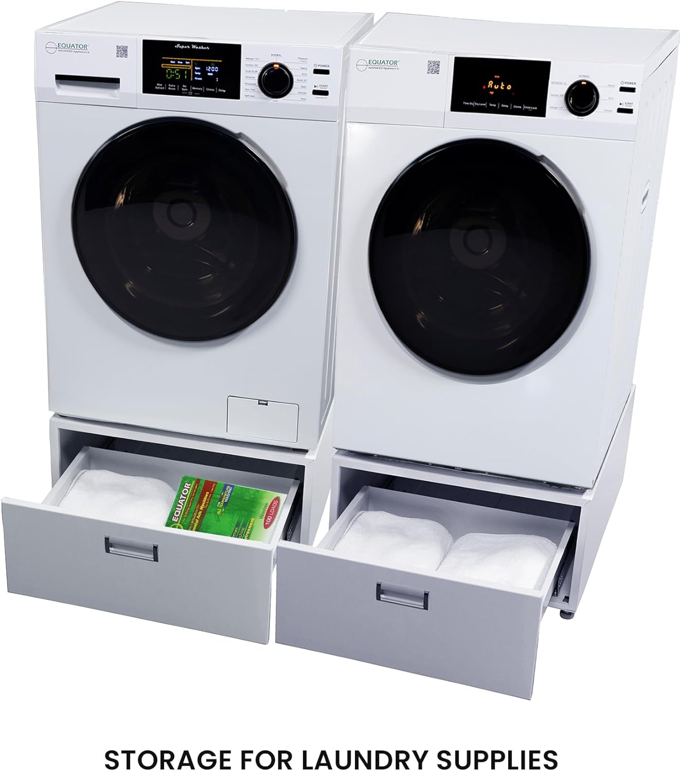 Equator Complete Laundry Set Washer 1.9cf 110V+Vented Dryer 220V+ Pedestals
