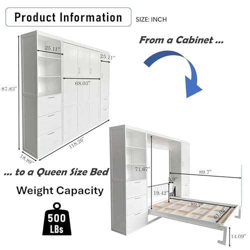 Queen Size Murphy Bed with Desk & Charging Station,Wall Bed Frame Folding into Cabinet Design w/LED & Storage Shelf for Small Space,Bedroom