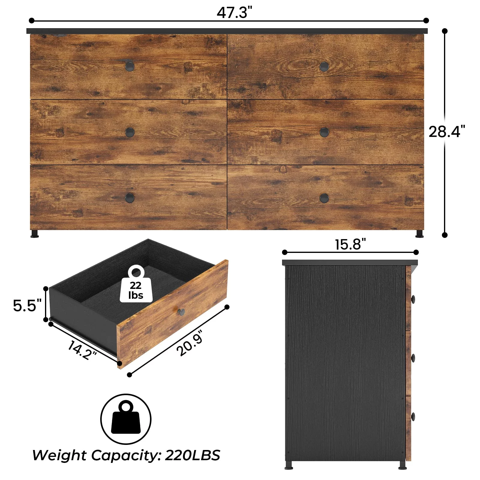 6 Drawer Double Dresser, Wooden Chest of Drawers with Heavy Sturdy Steel Frame, Large Capacity Storage Cabinet, Dresser for Bedroom, Living Room