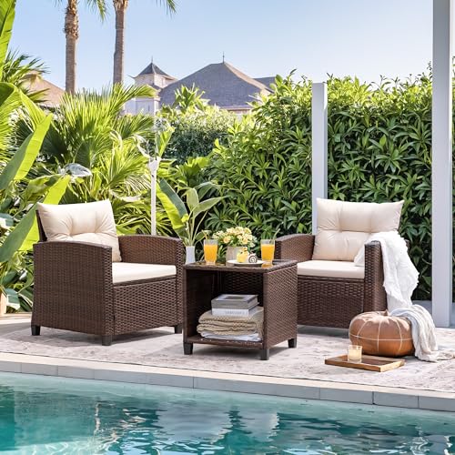 Devoko 3 Pieces Patio Furniture Set, PE Rattan Wicker Patio Set with Two Outdoor Chairs and Table, Upgraded Patio Chairs and Table for Porch
