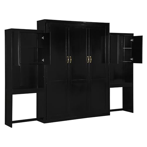SOFTSEA Queen Size Murphy Bed with Desk and Storage, Wood Queen Wall Bed Frame with Vanity & Shelves, Space-Saving for Guest Room, Bedroom or Office