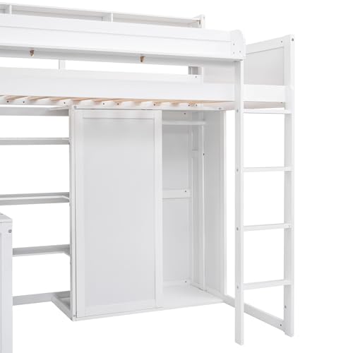 Harper & Bright Designs Twin Size Loft Bed with Wardrobe, Desk and Multiple Storage Shelves, Solid Wood Loft Bed Frame with Bookshelf