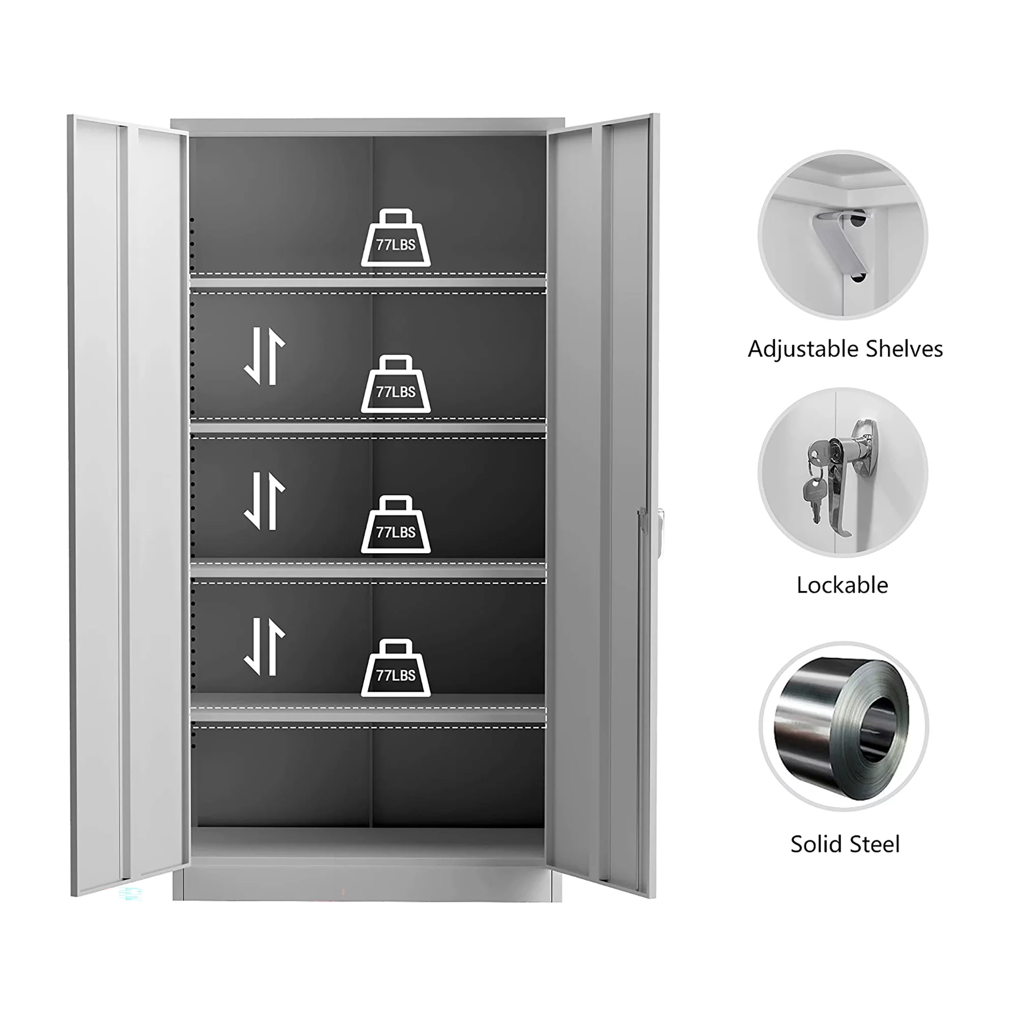 Aobabo 72 Inch Locking Storage Cabinet w/ Adjustable Shelves, Gray