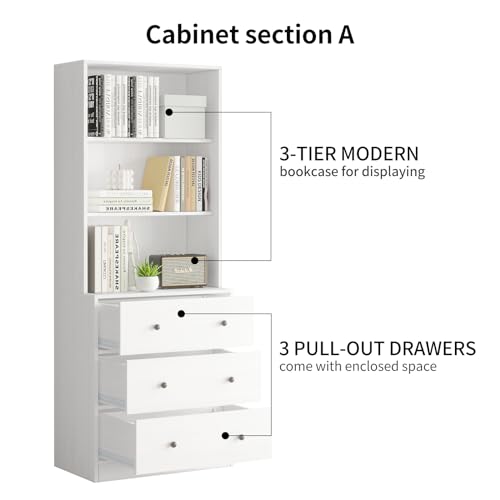 TUSY 71" Bookshelf Bookcase, 3-Tier Modern Bookshelves 3 Large Drawer, Wood Filing Cabinet with Open Storage Shelf