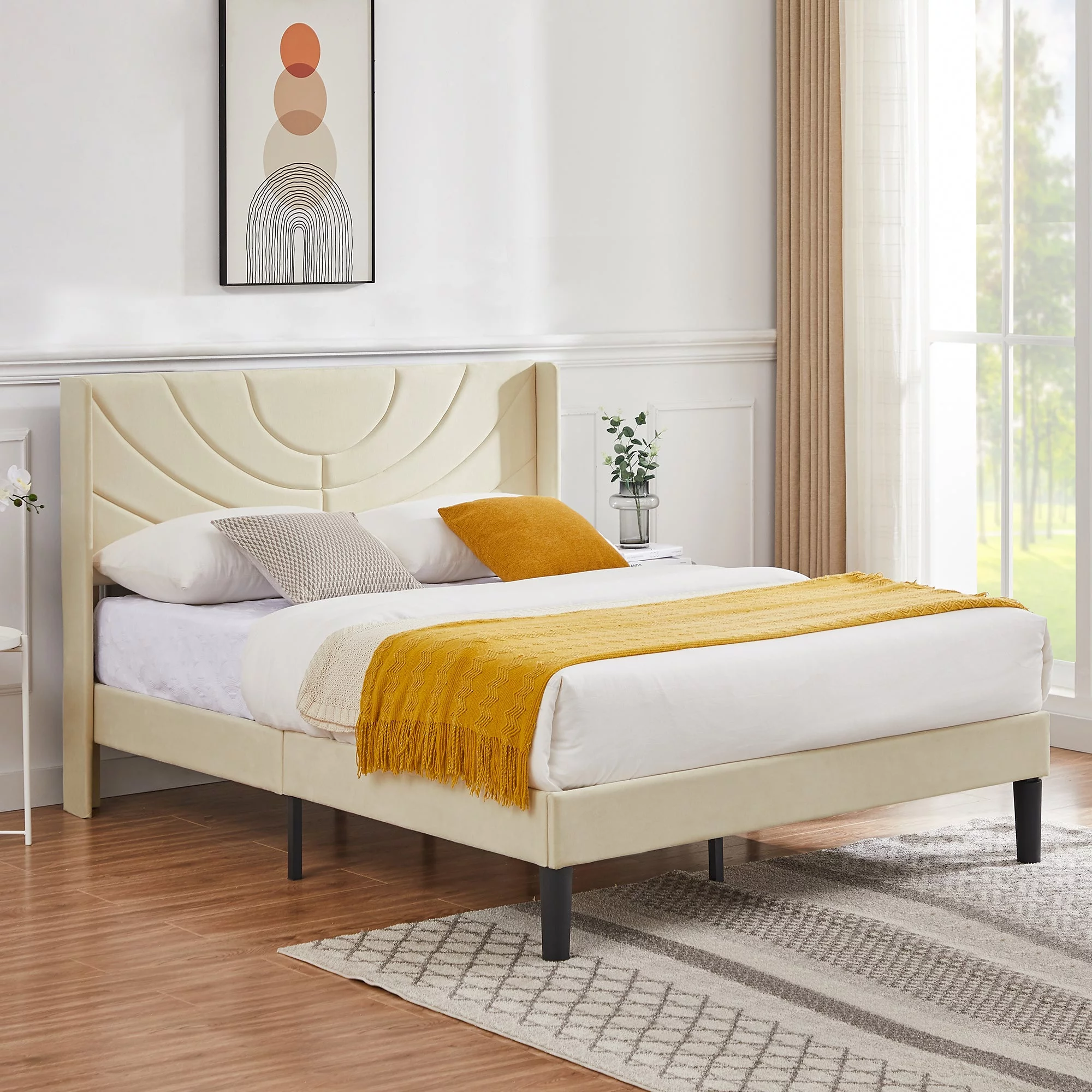 VECELO Queen Platform Bed Frame with Upholstered Headboard, Strong Wooden Slats/No Box Spring Needed, Beige