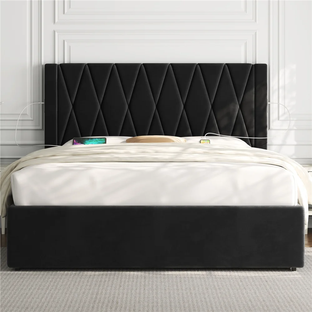 Topeakmart Modern Full Upholstered Bed with 4 Storage Drawers & Built-In USB Ports, Black