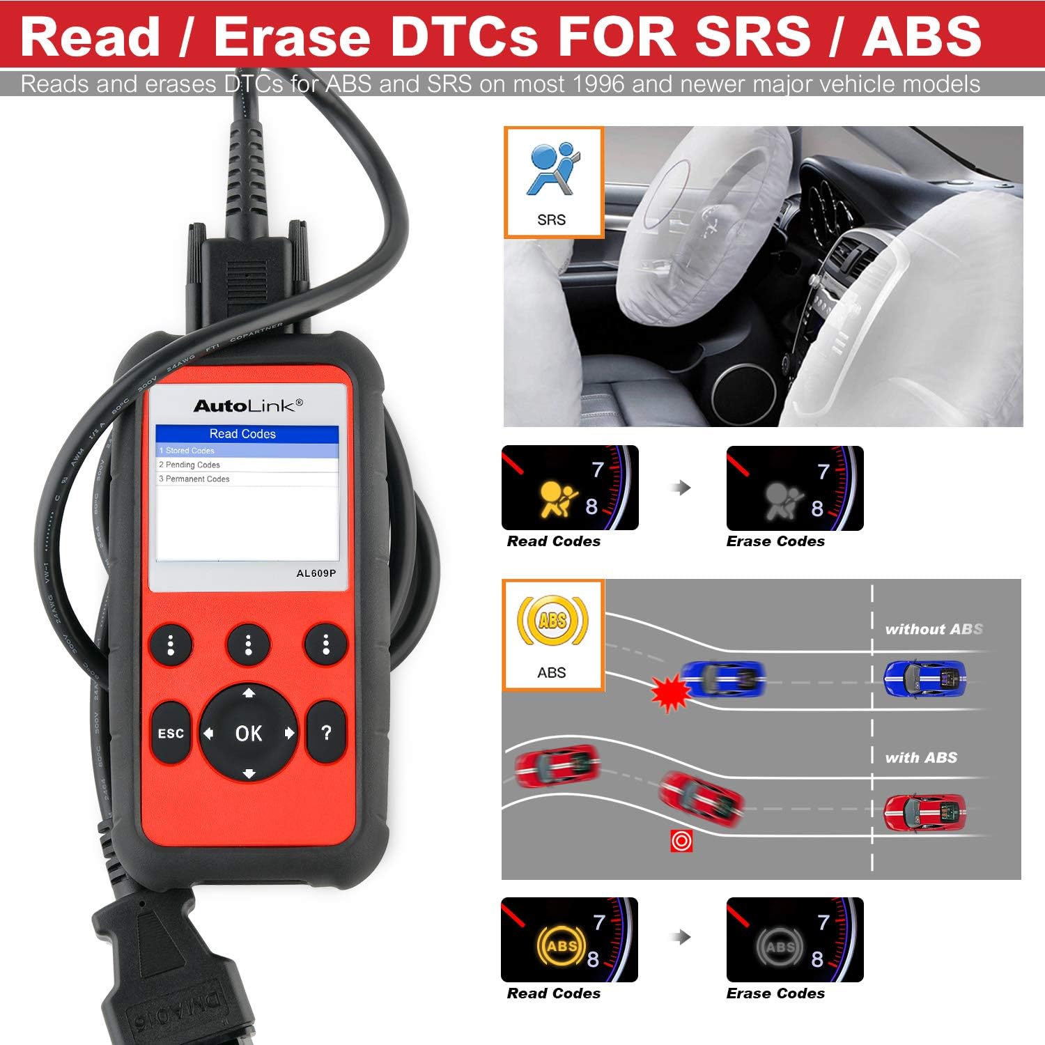 Autel AutoLink AL609P OBD2 Scanner, ABS, SRS 2 Systems Diagnostic scan Tool, Turn Off ABS, Airbag Warning Lights, Ready Test, with AutoVIN