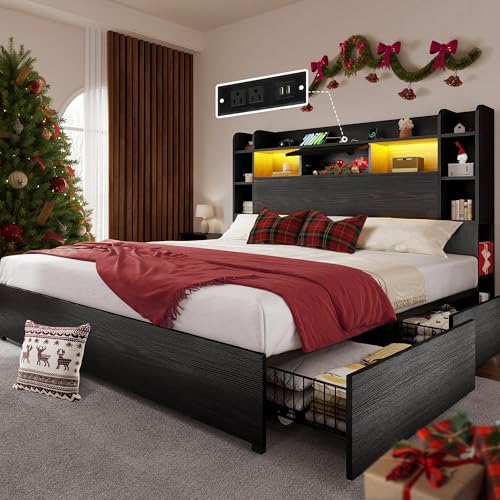 YITAHOME Queen Bed Frame with Bookcase Headboard and 4 Storage Drawers, RGB LED Bed Frame with Type-C & USB Charging Station Storage Headboard Bed