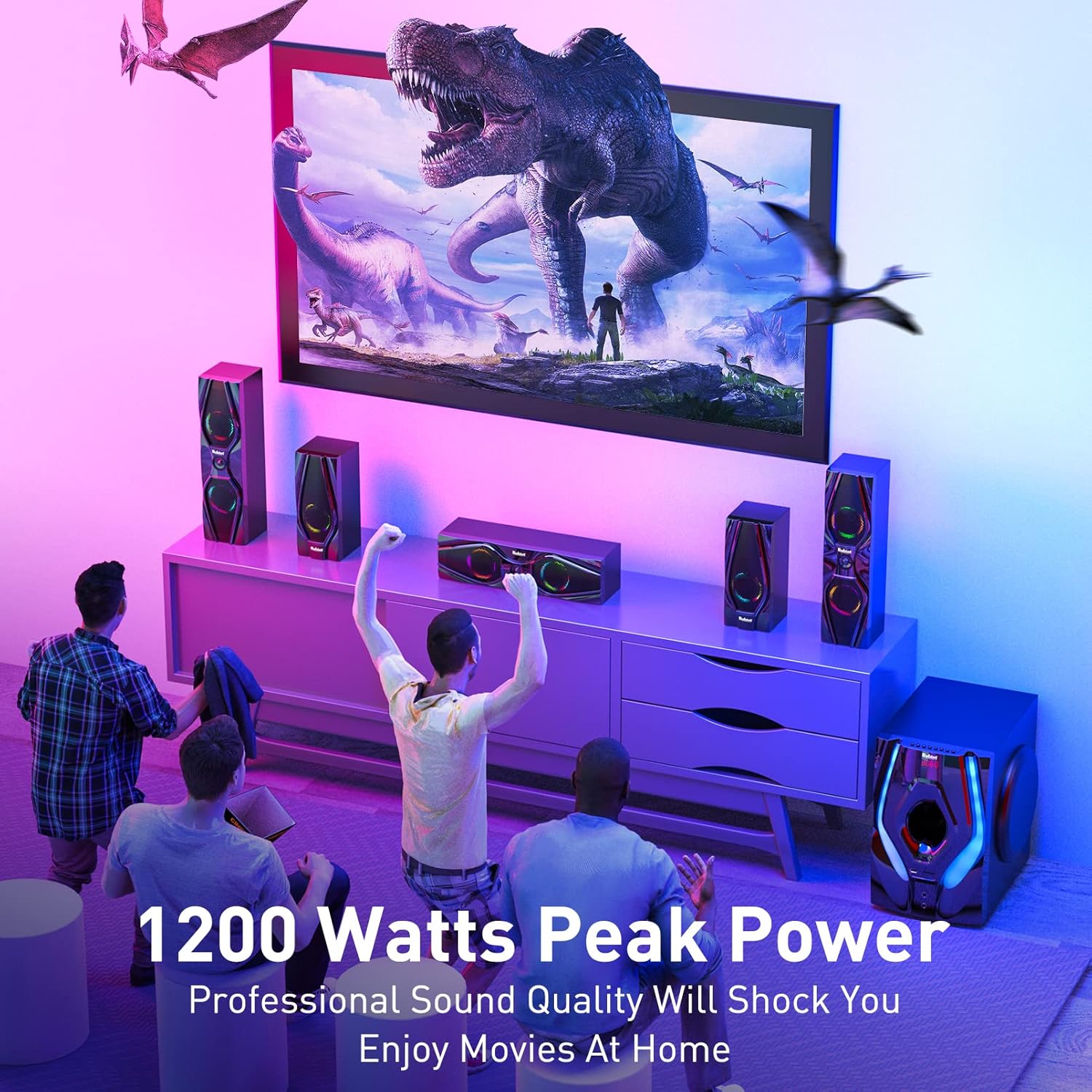 Bobtot Surround Sound Speakers 1200W Peak Power Home Theater System with RGB Lights