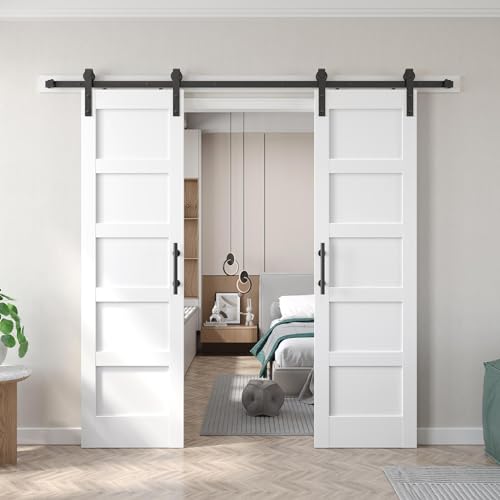 Fredbeck Double 21inx84in White Barn Door and 7FT Sliding Barn Door Hardware Kit Included,Solid,MDF, PVC Surface,DIY Assembly,5-Panel
