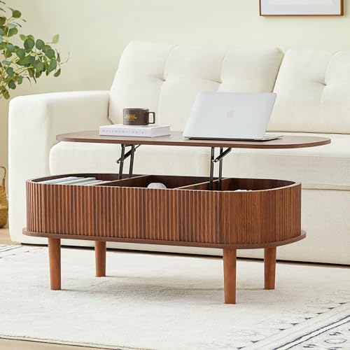 Fluted Lift Top Coffee Table with Hidden Compartment, Fully Assembled Wooden Center Table, Modern Oval Lift Tabletop for Home Living Room Office