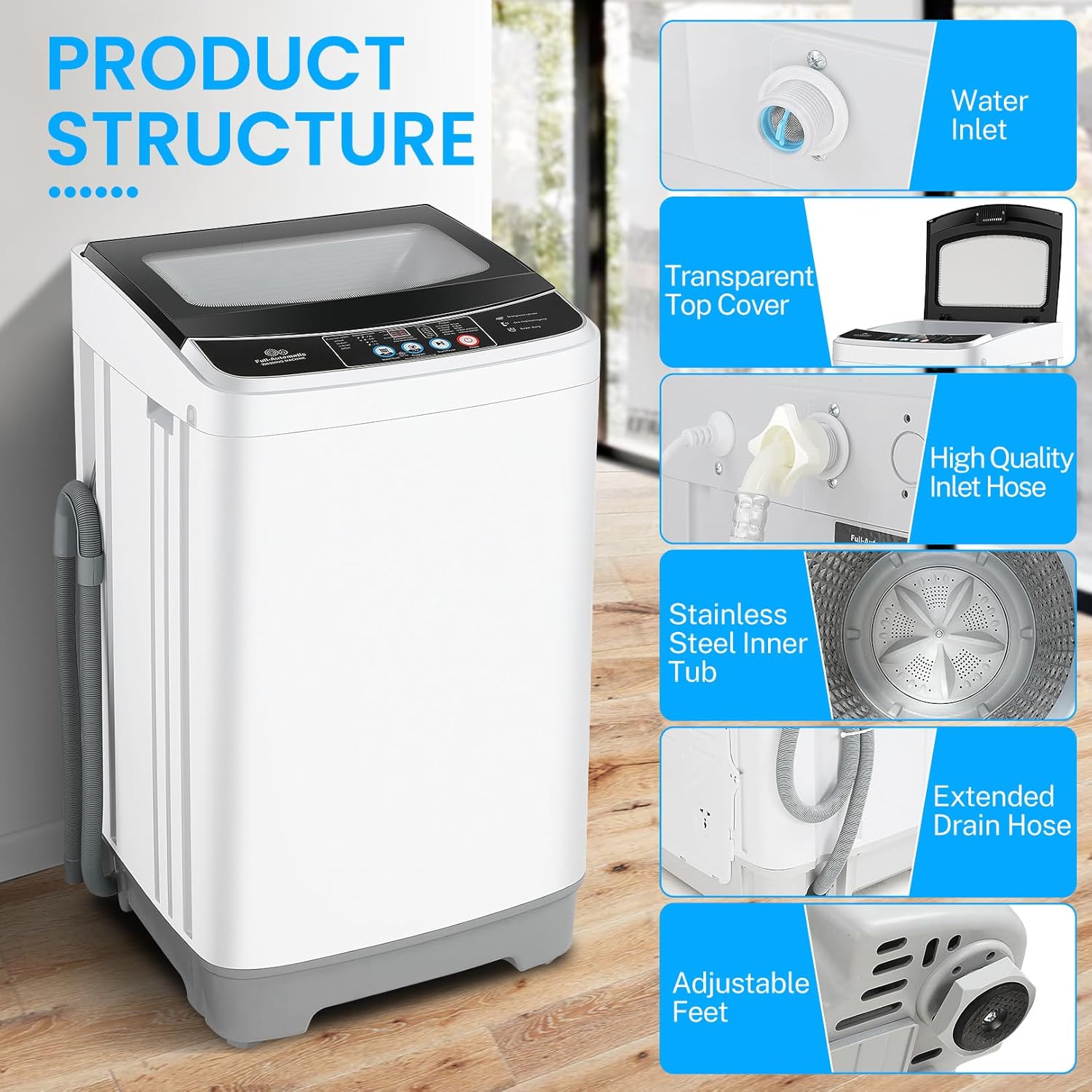 Nictemaw Portable Washing Machine 17.8 Lbs Capacity Portable Washer with Drain Pump, 2.4 Cu.ft Compact Laundry Washer with Glass Top Lid