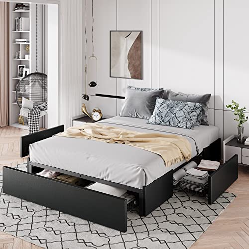 Allewie Queen Size Platform Bed Frame with 3 Storage Drawers, Fabric Upholstered, Wooden Slats Support, No Box Spring Needed, Noise Free