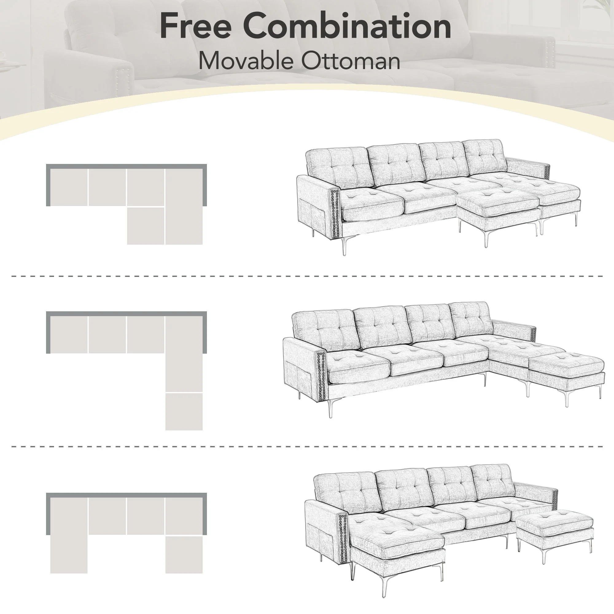 Soges U-Shaped Sectional Sofa with Ottoman, Convertible Couch for Living Room, 5 Seater Sofa, Gray, 110"x54"