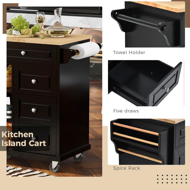 PULLAFUN Kitchen Island Cart with Solid Wood Top, Mobile Carts with Storage Cabinet, Rolling Kitchen Table with Spice Rack, Towel Rack