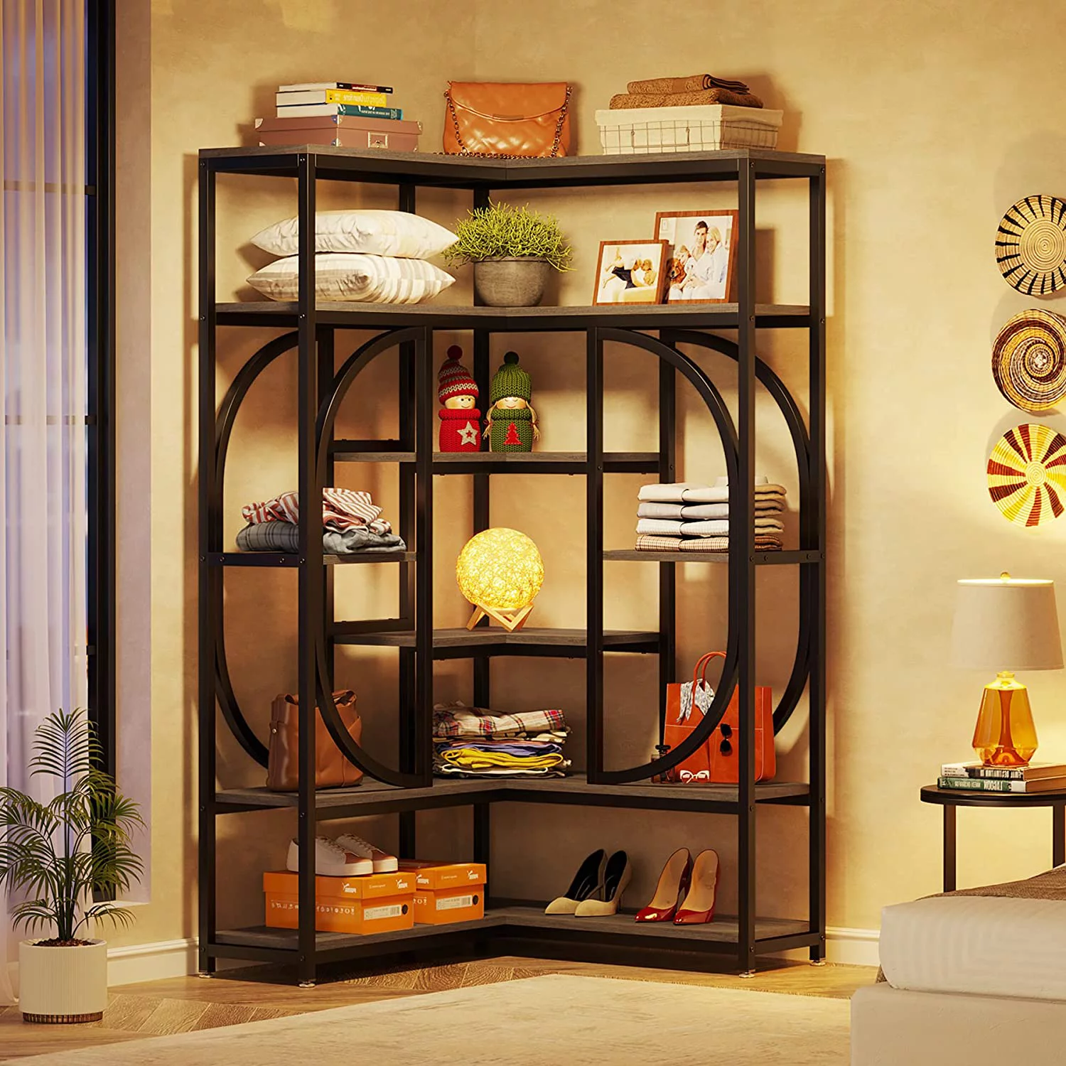 Tribesigns 7-Shelf Corner Bookshelf, L-Shaped Modern Corner Bookcase with Storage, Large Display Rack with Metal Frame for Living Room Home Office