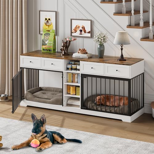 IDEALHOUSE 82” Large Dog Crate for 2 Dogs, Dog Kennel Indoor with 4 Drawers and Shelves, Double Dog Crate Furniture TV Stand