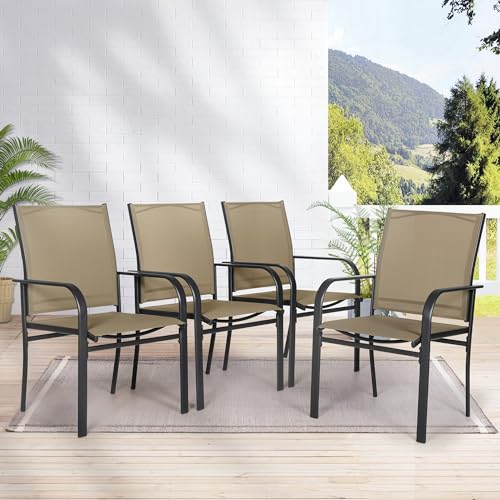 Outdoor Wrought Iron Dining Chairs Set of 4, Patio Textilene Dining Chair with High Backrest, Metal Frame Furniture Chairs with Armrests for Deck