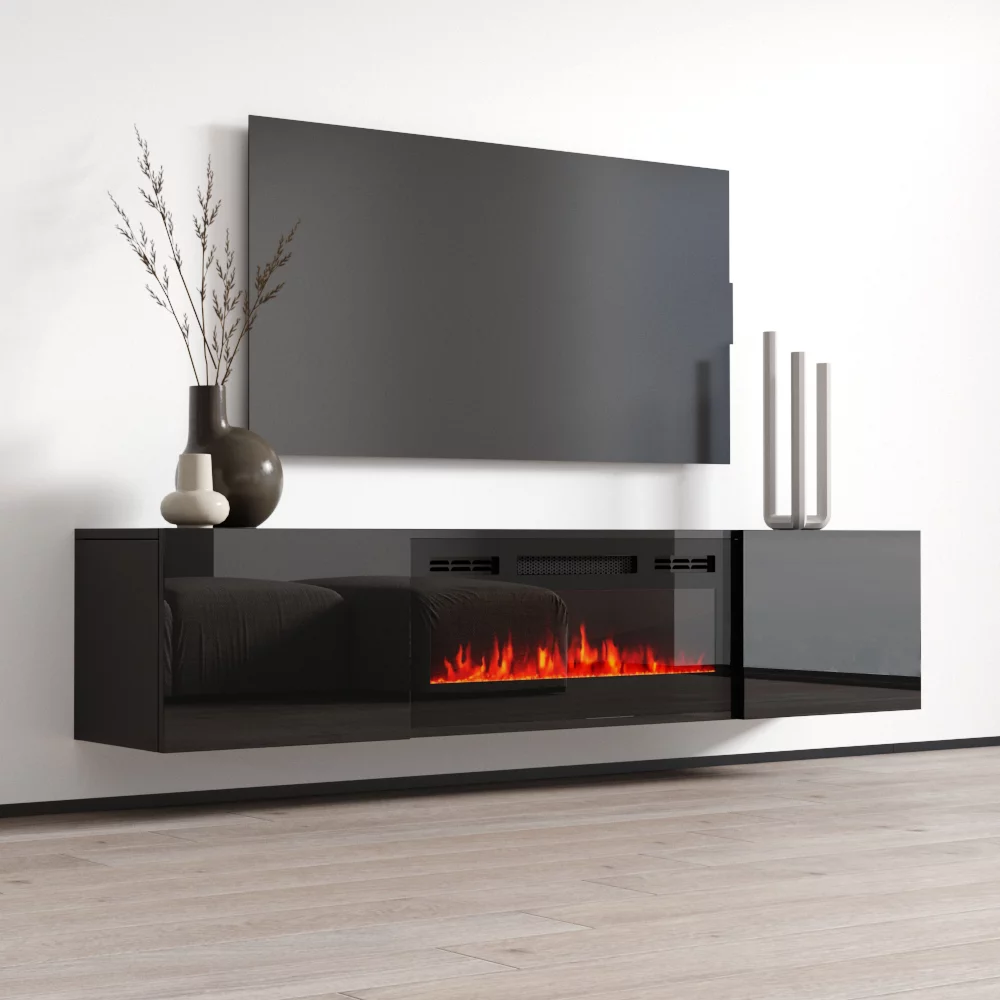 Cali BL-EF Floating Fireplace TV Stand for TVs up to 80", Modern High Gloss 72" Entertainment Center