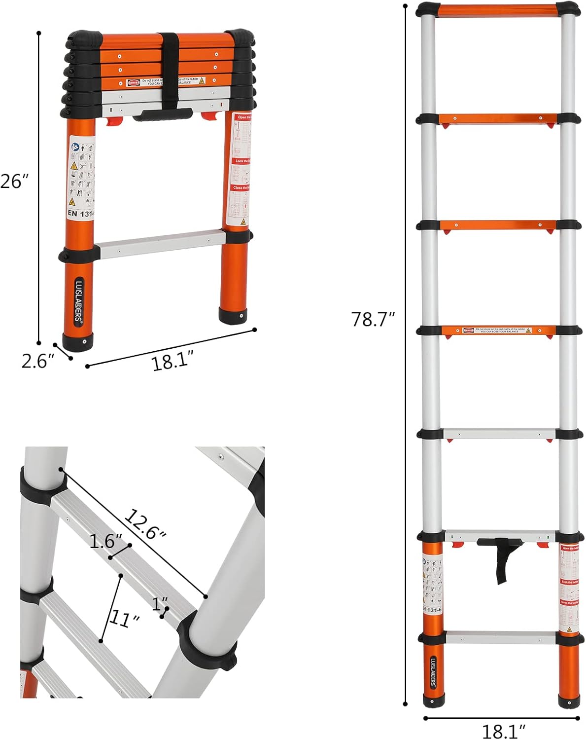 LUISLADDERS Telescoping Ladder Multi-Use Telescopic Extension Ladder One-Button Retraction Anti-Pinch and Anti-Slip 330 Lb Capacity (6.5 Feet)