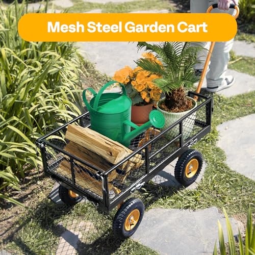 VIVOHOME Heavy Duty 880 Lbs Capacity Mesh Steel Garden Cart Folding Utility Wagon with Removable Sides and 4.10/3.50-4" Wheels 10 inch Tire (Black)