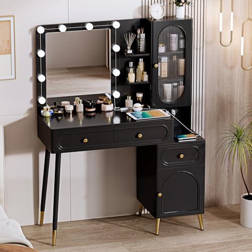 Vanity Desk with Mirror and Lights, with Power Outlet and 10 Lights Modern Capacity Makeup Vanity with 3 Drawers, Makeup Table for Bedroom