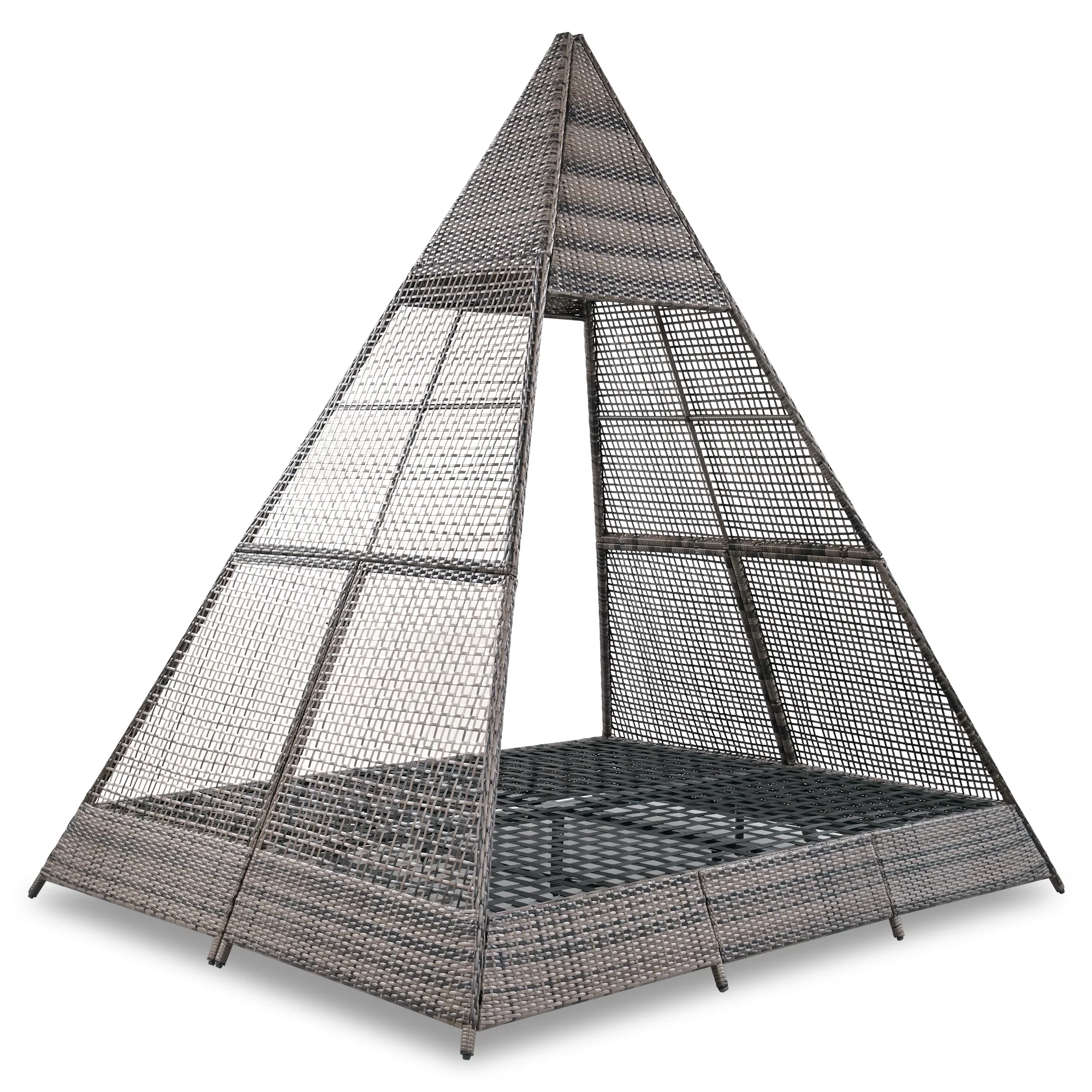 Syngar Outdoor Patio Sunbed with Removable Curtain, All Weather PE Wicker Tent-Shaped Daybed with Beige Cushions and Colorful Pillows