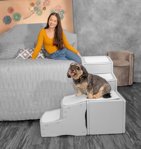 Pet Gear Easy Step Bed Stair for Cats/Dogs, Adjusts to Either Side of Bed, Removable Washable Carpet Treads, Storage Compartment